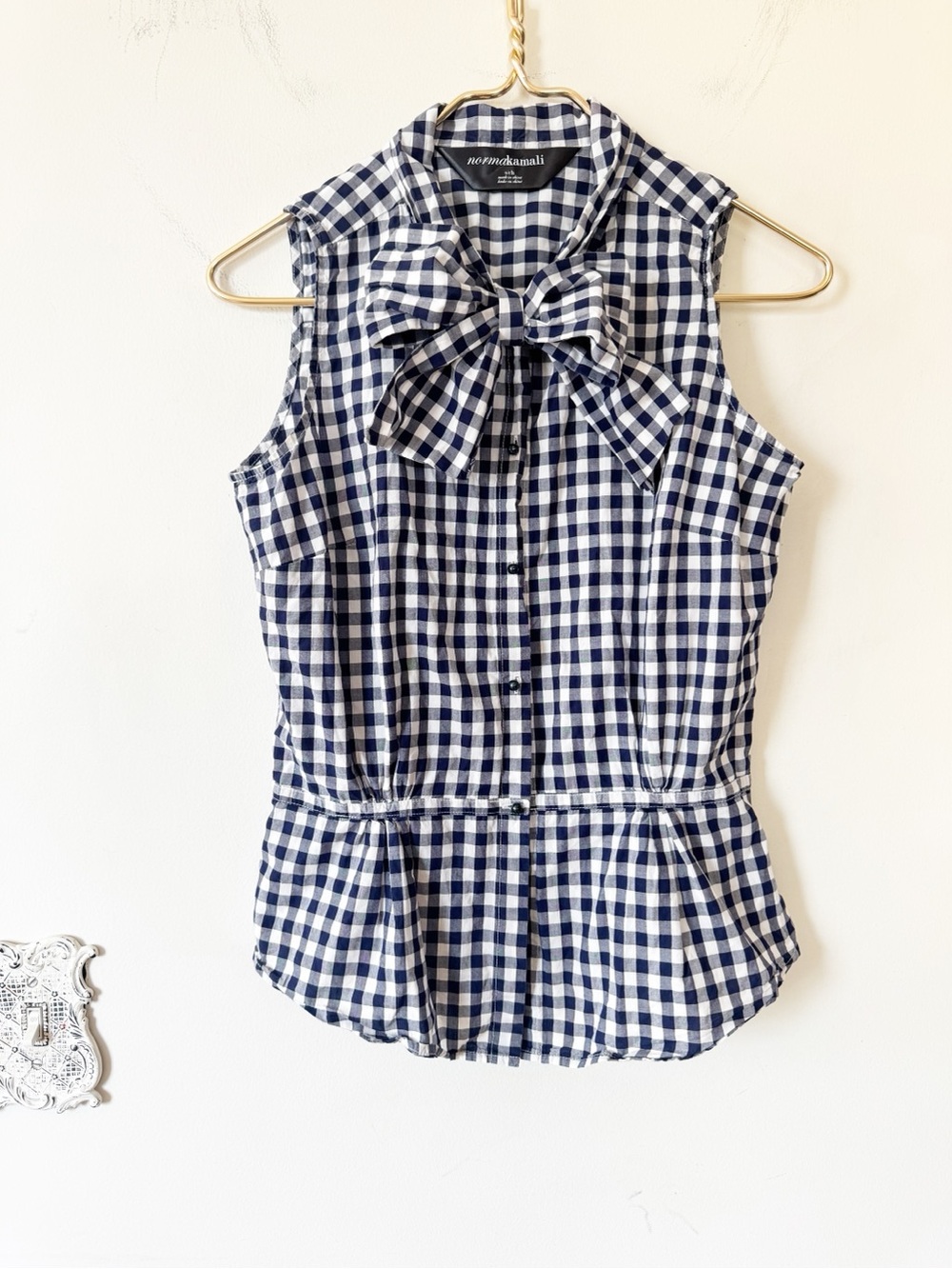 Norma Kamali Navy Blue Gingham Bow Peplum Sleeveless Cotton Blouse S